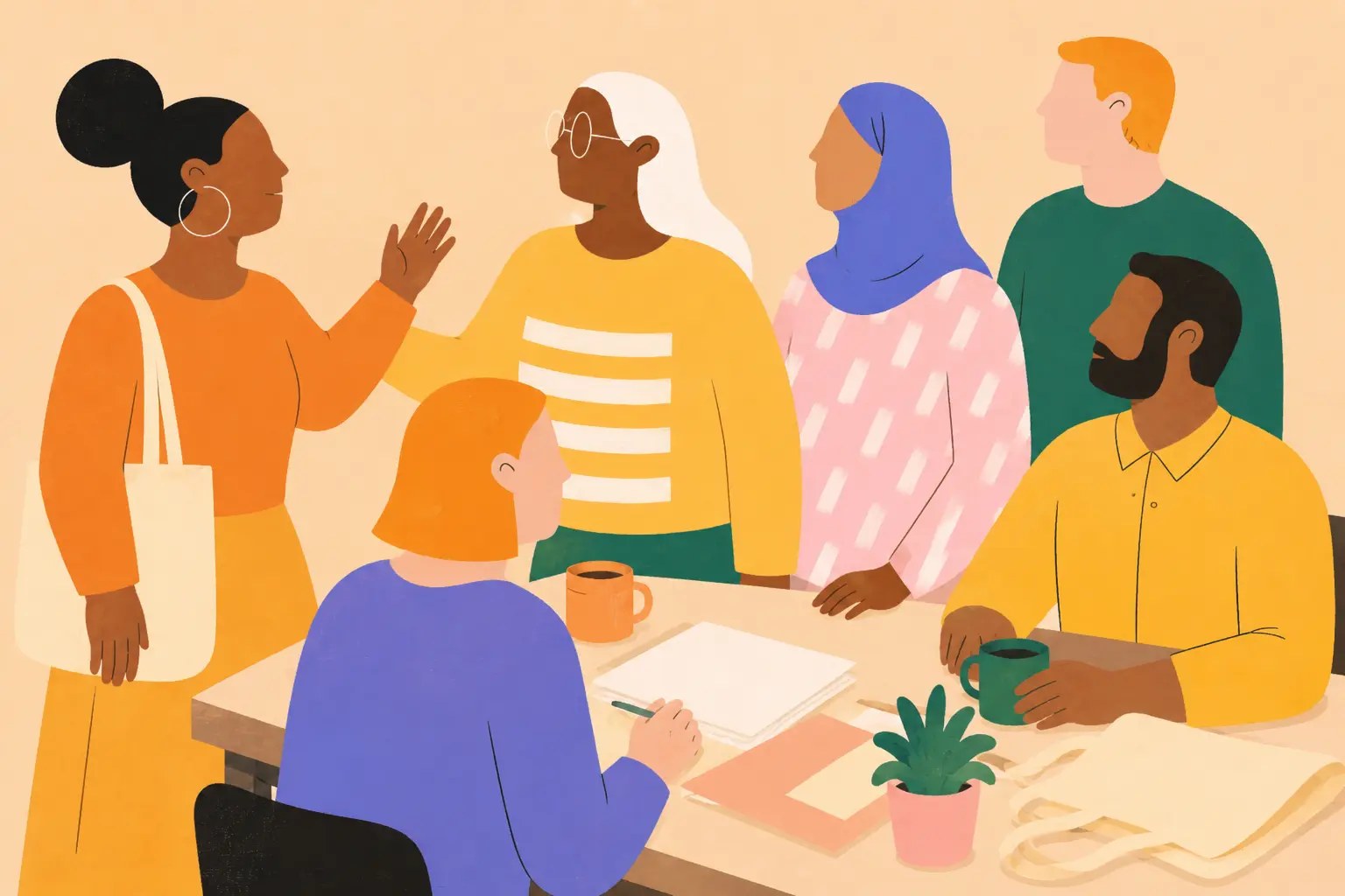 An illustration of a group gathered around a table with notebooks and coffee, planning together