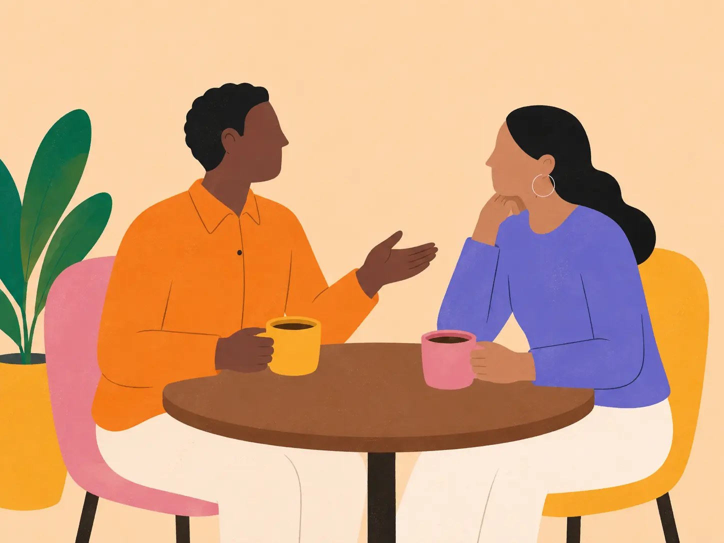 An illustration of two people talking over coffee at a small round table